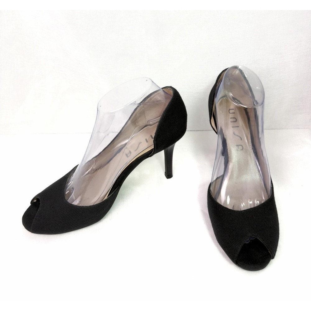 Unisa Peep Toe Heels Womens 7.5 Black Textile Pumps Stiletto Classic Jubilee6